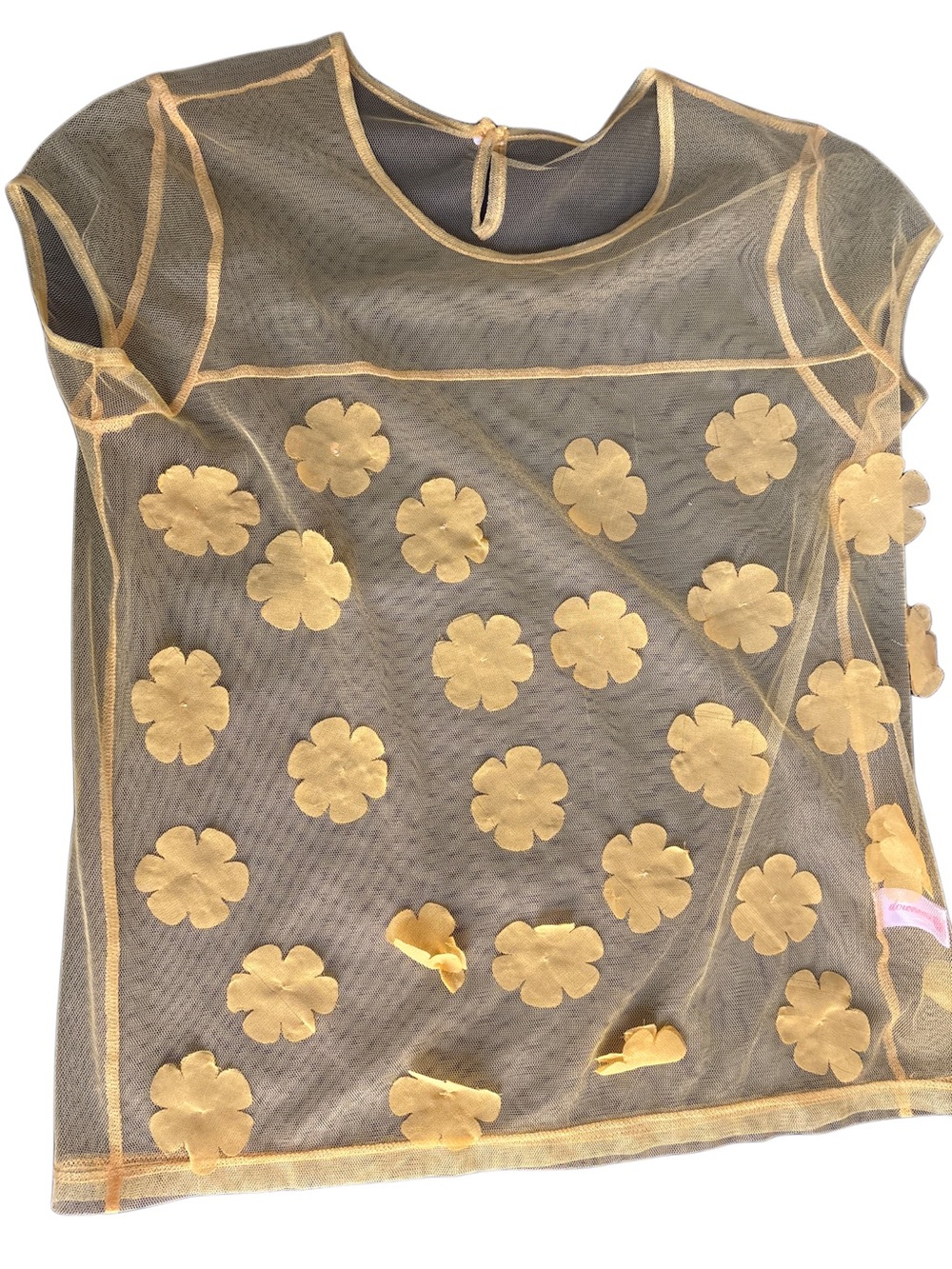DownEast Yellow Sheer Mesh Top with Floral Appliqué